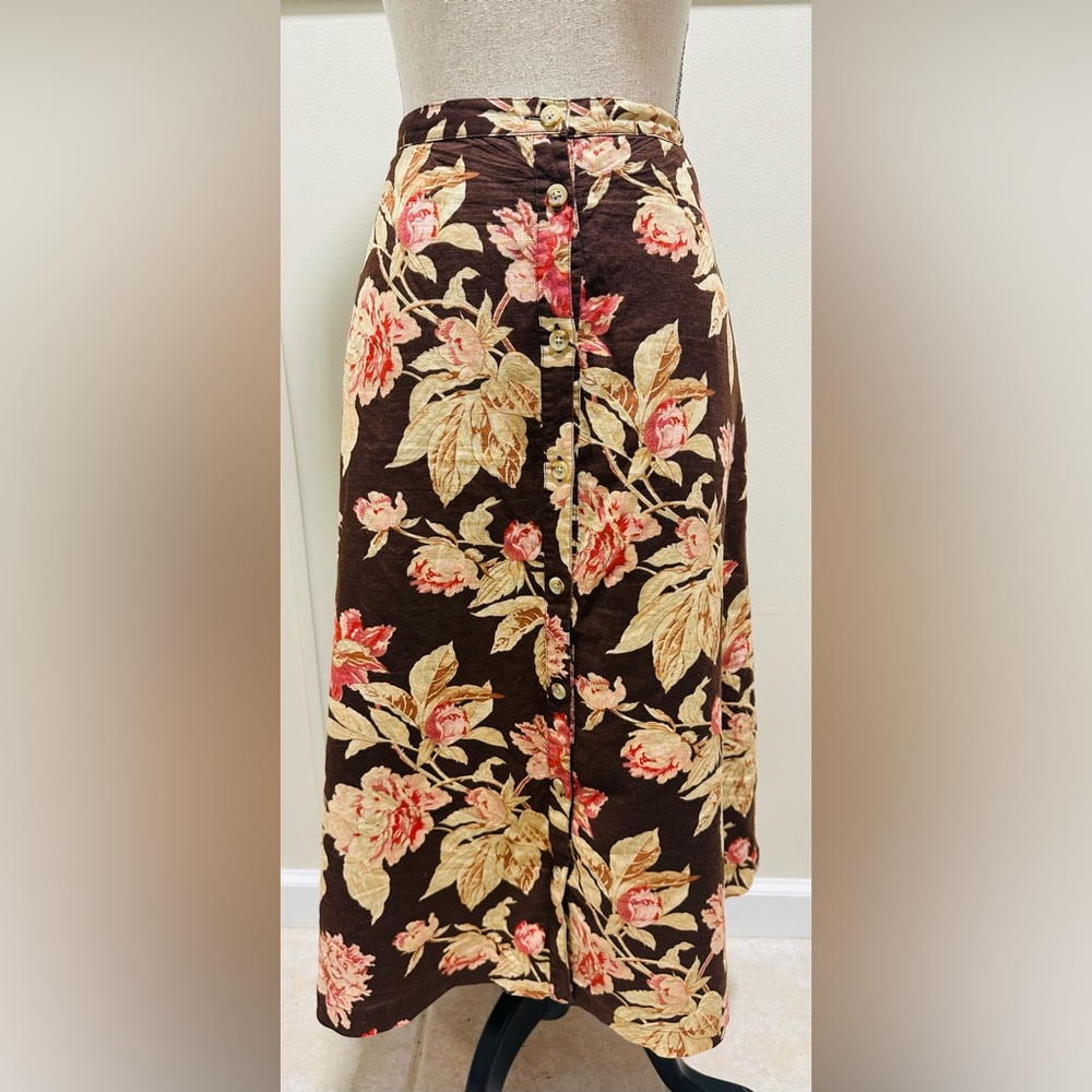 Chaps brown floral Aline linen long skirt 10 pockets front buttons cottage boho